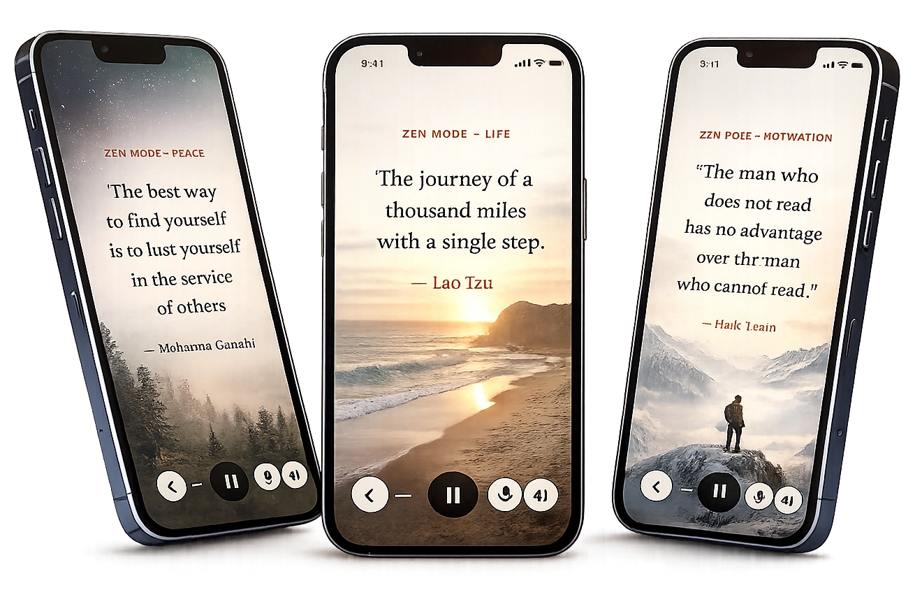 Three phone screens showing Quotebook's Zen Mode with different quotes and full-screen photography